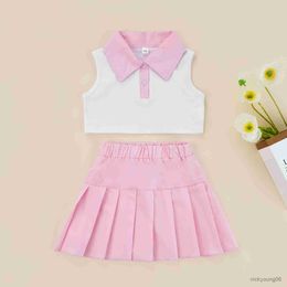 Clothing Sets 2Pcs Children Girls Summer Outfits Patchwork Lapel Buttons Sleeveless Tank Tops and Pleated Skirt Set for Kids