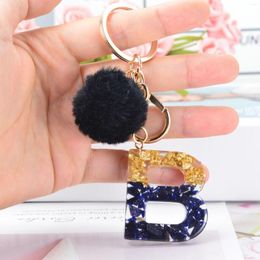 Keychains Black Colour Key Ring Crystal Drop Resin 26 English Letter Hairball Ladies Bag Simple Pendant Cute Car Keychain For Women Gift