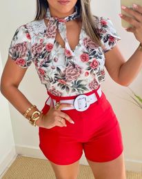 Women's Tracksuits Summer Outfits Elegant Shorts Suit For Women 2023 Fashion Floral Print Tie Neck Short Sleeved Top & Casual Set