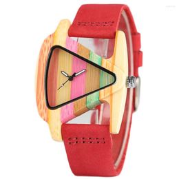 Wristwatches Top Colourful Wood Watch Unique Triangle Hollow Creative Leather Digital Wristwatch Relogio Feminino