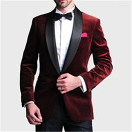 Men's Suits Burgundy Velvet Blazer Black Trousers Groom Tuxedo Men Suit 2Pc(Jacket Pants Tie)Slim Fit Wedding Clothes Custom Made Wear