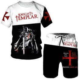 Tracksuits Summer Temple Knight 3D Print T-shirt/Shorts/Set Men's Cool Short Sleeve 2-Piece Mediaeval Armour Holy Cross Role Playing Set P230605