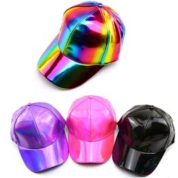 Ball Cap Men Faux Leather Baseball Cap Glitter Metallic Holographic Rainbow Reflective Hip Hop Adjustable Strapback ed Hat 230605