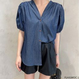 Women's Blouses S Denim Shirt 2023 Design Temperament Women Office Lady Solid Blue Jeans Single-Breasted Button Shirts
