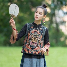 Ethnic Clothing 2023 Cotton Linen Short Stand Collar Sleeveless Waistcoat Flower Embroidery Chinese Women Vest Traditional Oriental Coat