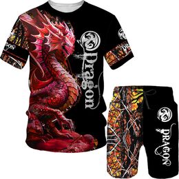 Tracksuits Men's T-shirt and shorts 3D printed retro dragon pattern street clothing high-quality two-piece summer set P230605