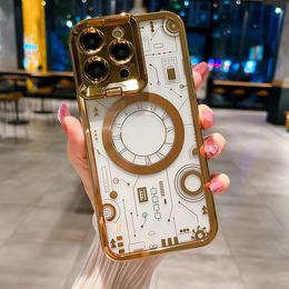 Fashion Magnet Lens Holder Circuit Board Texture Case For iPhone 11 13 12 14 Pro Max Electroplating Frame Transparent Lens Film Cover