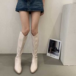 Boots 2023 Chunky High Heel Boots Women PU Leather Knee High Shoes Ladies Back Zipper Western Cowboy Boots Pointed Toe Long Boots Z0605