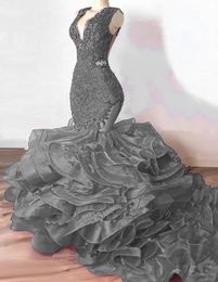 Luxury Grey Lace Beaded Mermaid Prom Formal Dress 2023 V-neck Puffy Bottom Ruffles Long Women Evening Birthday Gowns Vestidos De Feast