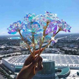 Sachet Bags 6pcs Galaxy Rose Forever Flower Artificial Luminous Led Light Crystal Rose Unique Gifts For Graduate Colorful Artificial Flower R230605