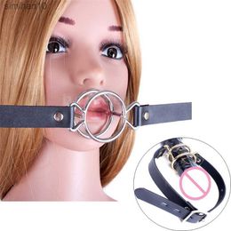 PU Leather Belt BDSM Bondage Deep Throat Double Round Ring Flail Slave Mouth Gag Bite Ring Gags Open Oral Adult Game Sex Toys