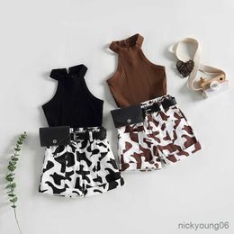 Clothing Sets Children Summer Outfit Toddler Girls Solid Color Sleeveless Ribbed Vest and Cow Print Shorts with Waist Bag