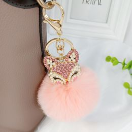 Faux Rabbit Fur Ball Pom Pom Keychain with Fox Head Studded with pearl Rhinestone for Womens Bag Car Key Decoration 1224448