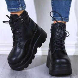 Boots 2022 New Spring Autumn Fashion Platform Wedge Boots Ankle Women Punk Style Round Toe Cross Tied Women's Boots Botines De Muj Z0605