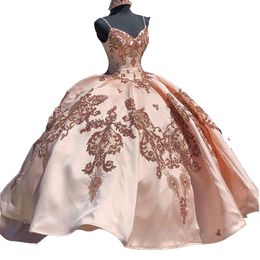 Sexy Quinceanera Dresses Blush Pink Rose Gold Sequined Lace Appliques Beads Sweetheart Spaghetti Straps Plus Size Long Sequins Formal Party Prom Gowns