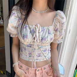 Women's Blouses Women Floral Print Shirt Vintage Fashion Harajuku Casual Female Square Collar Short Sleeve Kawaii Blouse Y2k Elegant Tops