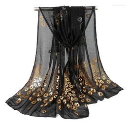 Scarves Elegance Women Solid Color Silk Scarf Simple Style Gilding Peacock Feather Light Comfortable Shawl Ladies Beach Towel Sunshade