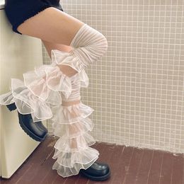 Women Socks Layered Mesh Ruffle Japanese Kawaii Thigh High Aesthetic Y2K Chic Stockings Cuffs Cover Streetwear