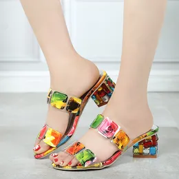 2023 Colourful Summer New Sandals Womens Summer Fashion Chunky Heel Rhino Horn Mid-heel Flip-flops Korean Version Sandals shoes