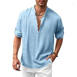 Men's Casual Shirts Loose Mens Shirt Cotton Linen Solid Color Button Tops Beach Style Vintage Stand Collar Long Sleeve For Men Clothes