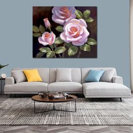 High Quality Contemporary Canvas Art Pink Roses Handmade Realistic Painting Perfect Wall Decor for Living Room