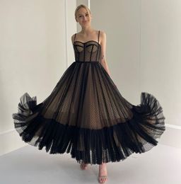 Elegant Short Prom Birthday Dress Spaghetti Straps Black Dotted Tulle Ruffles Tea-Length Evening Party Gowns Robe De Soiree Vestidos De Feast