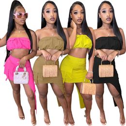 2023 Fashion women tracksuit Sexy Solid Colour Crop Top Wrapped Chest Personalised Work two piece Dress Set