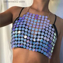 Women's Tanks Camis Sexy Shiny Metal Sequins Tank Tops Women Backless Halter Hollow Out See Through Crop Top 2023 Summer Rave Festival Party Outfits T230605