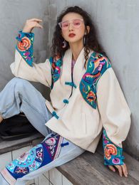 Ethnic Clothing Fashion Chinese Style Tang Suit Jackets Women Oriental Retro Loose Long Sleeve Print Hanfu Coat Vintage White Tops Outerwear