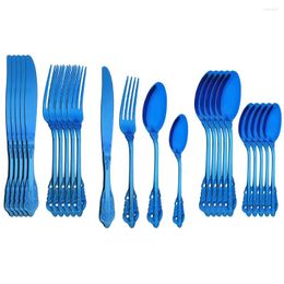 Dinnerware Sets 24Pcs Vintage Western Blue Plated Cutlery Gold Dining Knife Fork Teaspoon Set Golden Luxury Engraving Tableware