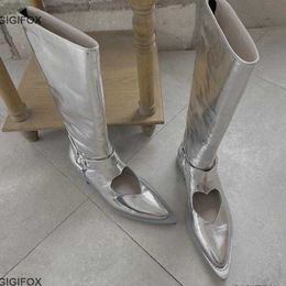 Boots Pointed Toe Knee High Med Calf Boots For Women Hollow Out Heartshaped Design Low Heel Metallic Silver Bling Boots Shoes Z0605