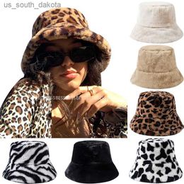 2023 Unisex Faux Fur Bucket Hat Women Men Panama Hat Autumn Winter Cow Leopard Outdoor Thicken Keep Warm Fishing Fisherman Cap L230523