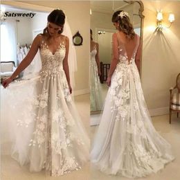 Plaj vestido de noiva gelinlik A-line V-yaka Tül Dantel Sırtsız Dubai Arap Boho Gelinlik Gelin Elbiseler