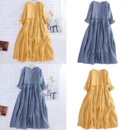 Casual Dresses Women'S Dress Flax Spring And Summer Round Neck Pleated Draw Rope Seven Point Sleeves To Show Thin Loose Long Tunics