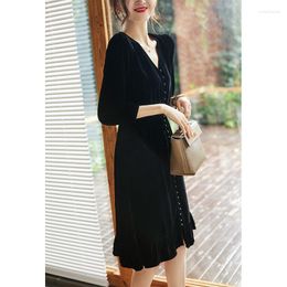 Casual Dresses Silk Velvet Temperament Black For Women V-Neck Dress Spring Autumn Women's Clothes Mid Length Robe Femme