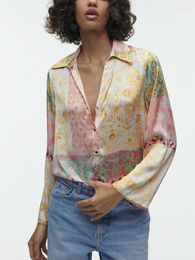 Women's Blouses Shirts For Women 2023 Fashion Vintage Patchwork Bohemian Print Shirt Collared V Neck Front Button Up Loose Long Sleeve Top