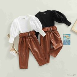 Clothing Sets Children Girls Autumn Clothes Outfit 2pcs Solid Puff Long Sleeve Pullover Tops PU Leather Pants Kid