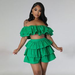 Women's Tracksuits Fashion Casual Holiday Women Sexy Two Piece Set Outfit 2023 Summer Solid Colour Ruffle Crop Top Elegant Pleated Shorts