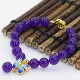 Link Bracelets Original 10mm For Women Purple Jades Stone Chalcedony Round Beads Gold-color Cloisonne Spacer Jewelry 7.5inch B2722