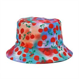 Wide Brim Hats LDSLYJR 2021 Cotton Fruit Cherry Printing Bucket Fisherman Outdoor Travel Men's and Women's Sun Hat 458 G230603