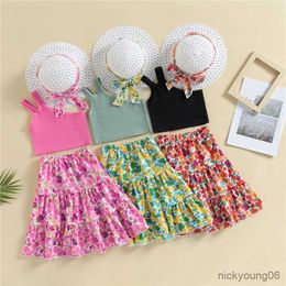 Clothing Sets Girls Summer Children Kid Outfit Solid Colour Sleeveless One Shoulder Tank Tops and Floral Skirt Hat