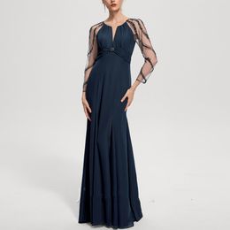 Stunning Beads Evening Celebrity Dresses Long Sleeve A Line Chiffon Christening Gown for Women Pleat Floor Length Females Formal Wears