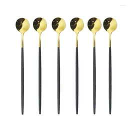 Dinnerware Sets 6pcs Ice Spoon For Dessert Coffee Tea Stainless Steel Long Set Stirring Spoons Black Gold Bar Accessories