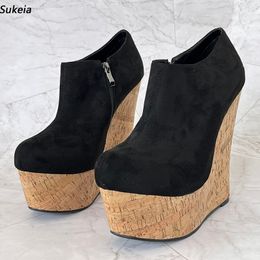 Sukeia Women Platform Pumps Side Zipper Wedges Heels Round Toe Classic Black Party Shoes US Plus Size 5-20