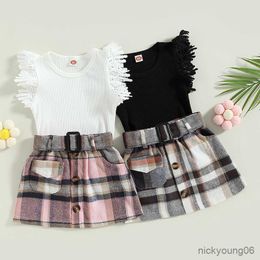 Clothing Sets Fashion Summer Children Girls Lace Ribbed Knitted Sleeveless Tanks Tops and Plaid Belt Button Mini Skirts Outfits