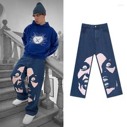 Men's Jeans Graphic Print Black Men Clothing High Street Vintage Hip Hop Baggy For Casual Straight Wide Leg Mens Pants