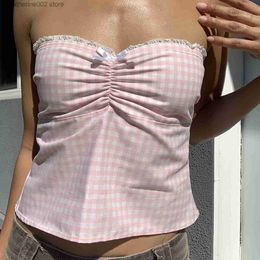 Women's Tanks Camis Harajuku Plaid Print Tube Tops Y2K Clothes Sexy Pleated Ruched Crop Top Backless Tie up Slim Fit Vintage Tees 2000s Streetwear T230605