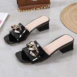 for Sandals Slippers women Fashion Med Chunky heel Patent Leather Gold Chains Women s Slides Shoes Slide Shoe