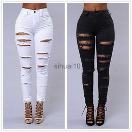 Women's Pants Capris New Spring Summer Elastic Trousers Black and White Ripped Jeans Fashion Sexy Skinny Denim Pencil Pants S-3XL Drop Shipping J230605