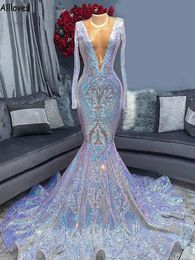 Plunged V Neck Shiny Sequined Lace Evening Dresses Fishtail Long Sleeves Sexy Women Formal Occasion Prom Gowns Aso Ebi Slim Fitted Mermaid Vestidos De Festa CL2366